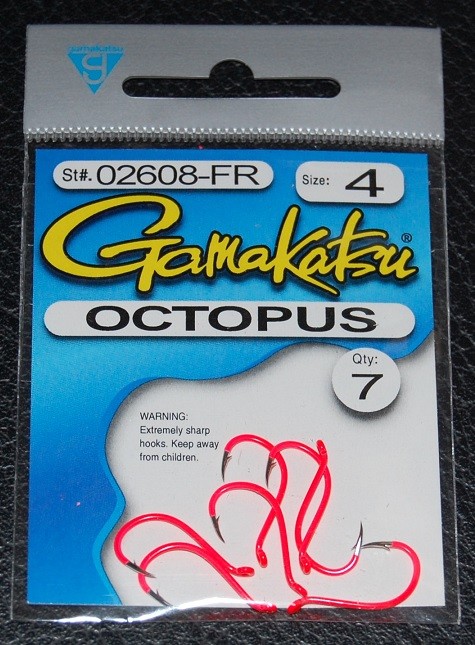 7 Pack Gamakatsu 02608-FR Octopus Hooks Fluorescent Red - Size 4 Bait Hooks