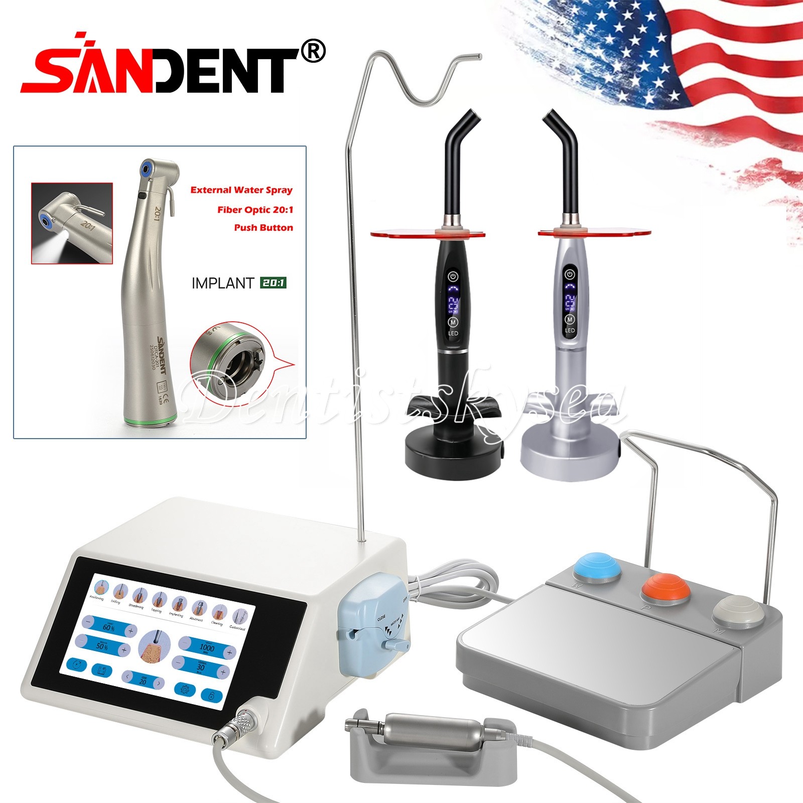 SANDENT LED Implant Motor System Brushless 20:1 Handpiece /Curing Light Lamp USA