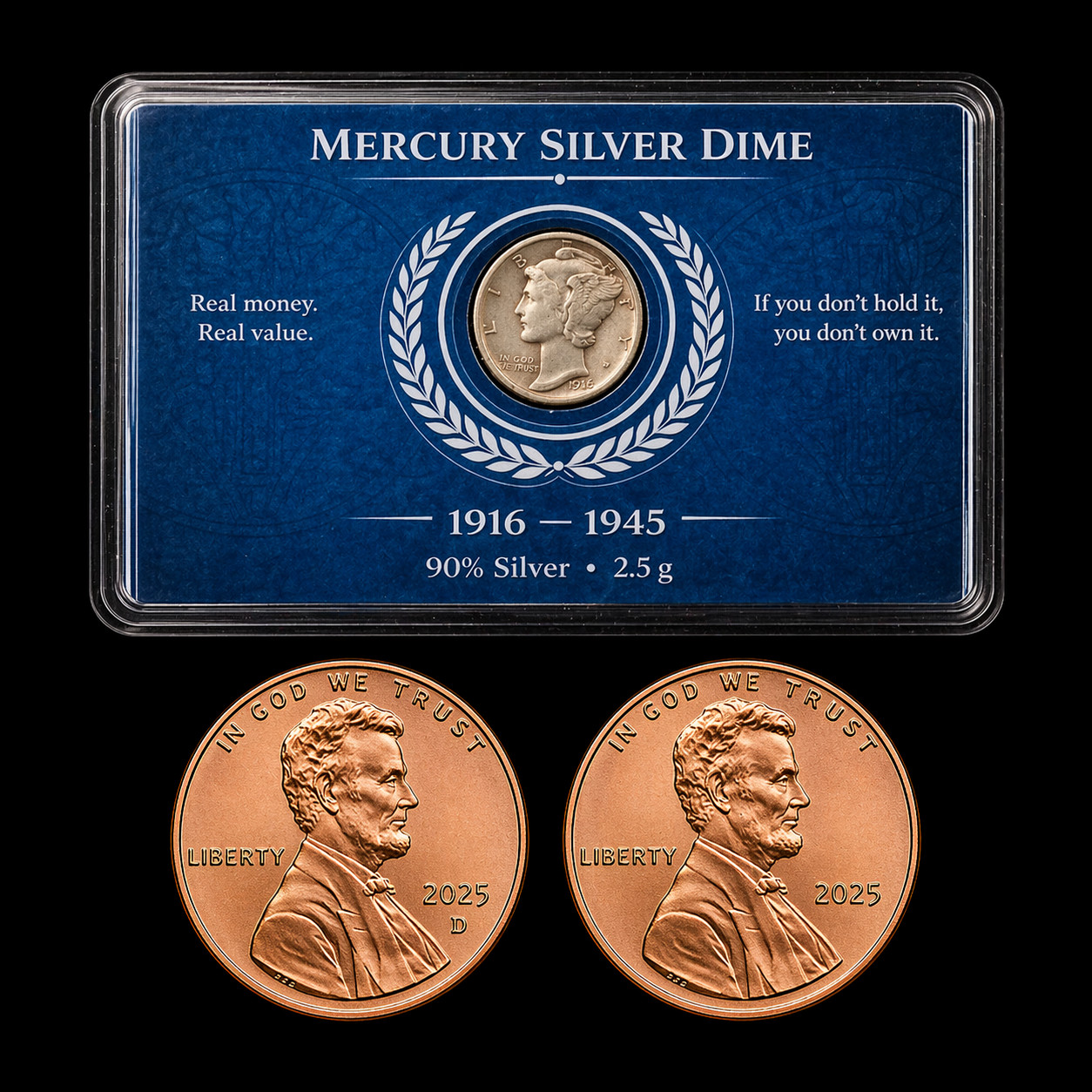 Mercury Silver Dime 90% CIRC in Card + 2025 P&D Lincoln Cent Penny BU Set