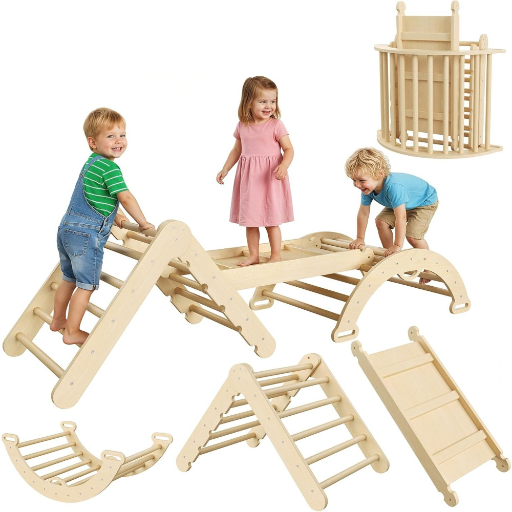 Wooden Triangle Climber Set 7-in-1: Foldable Indoor Jungle Gym for Toddlers