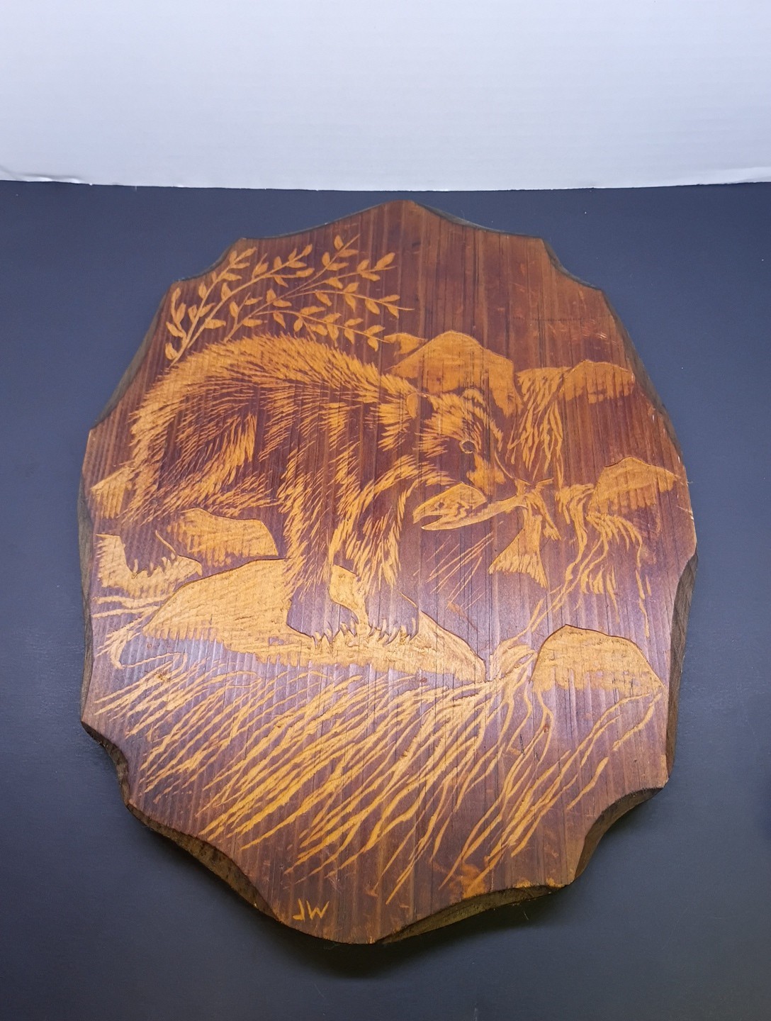 BEAR IN SALMON CREEK 15" Engraved Wood Plank Wall Art Signed JW