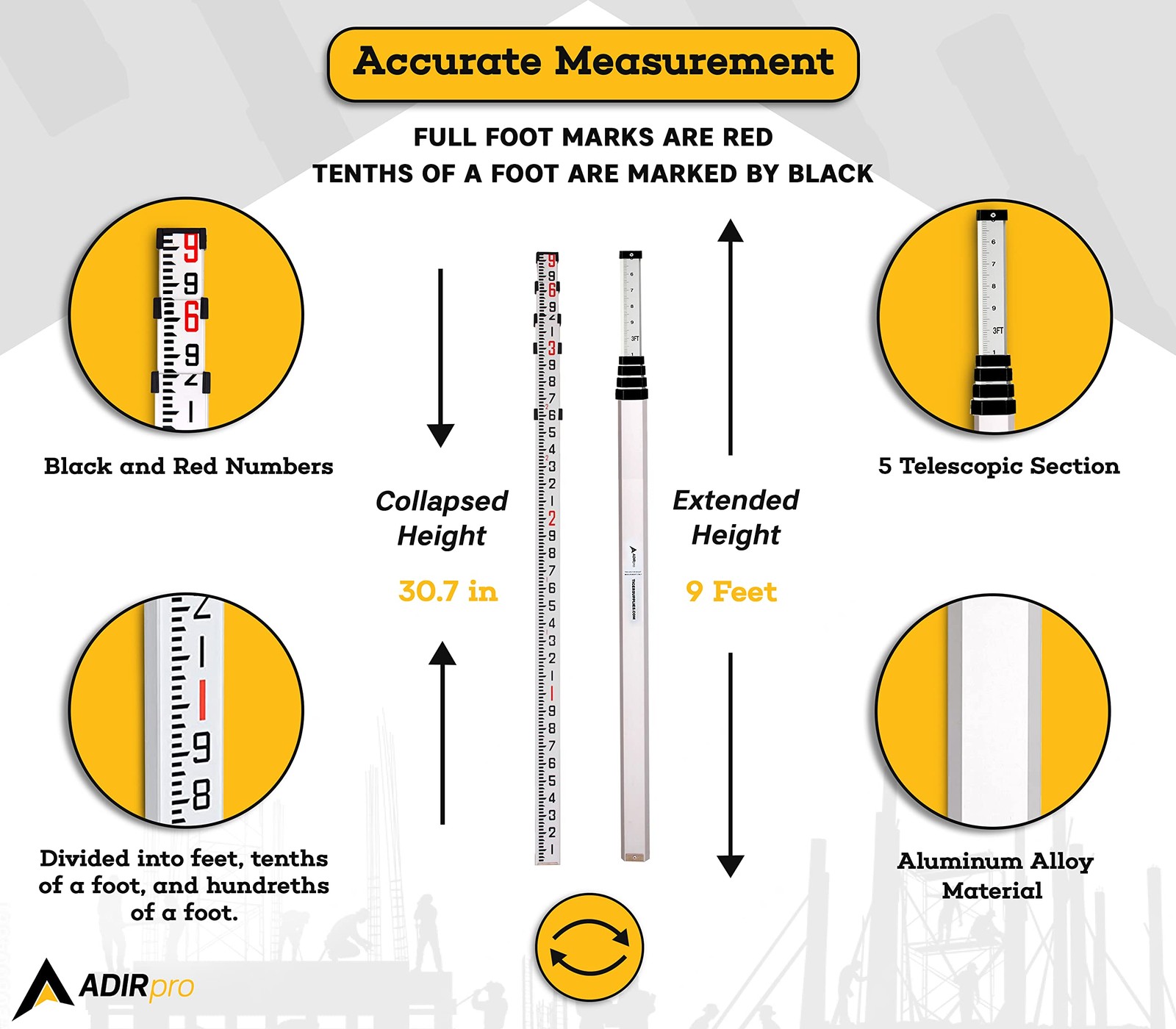 9 ft Aluminum Telescoping Grade Rod | Dual-Sided 5-Section Leveling Rod