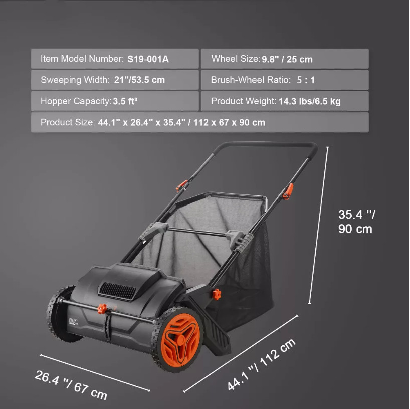 VEVOR Push Lawn Sweeper, 21inch Leaf & Grass Collector