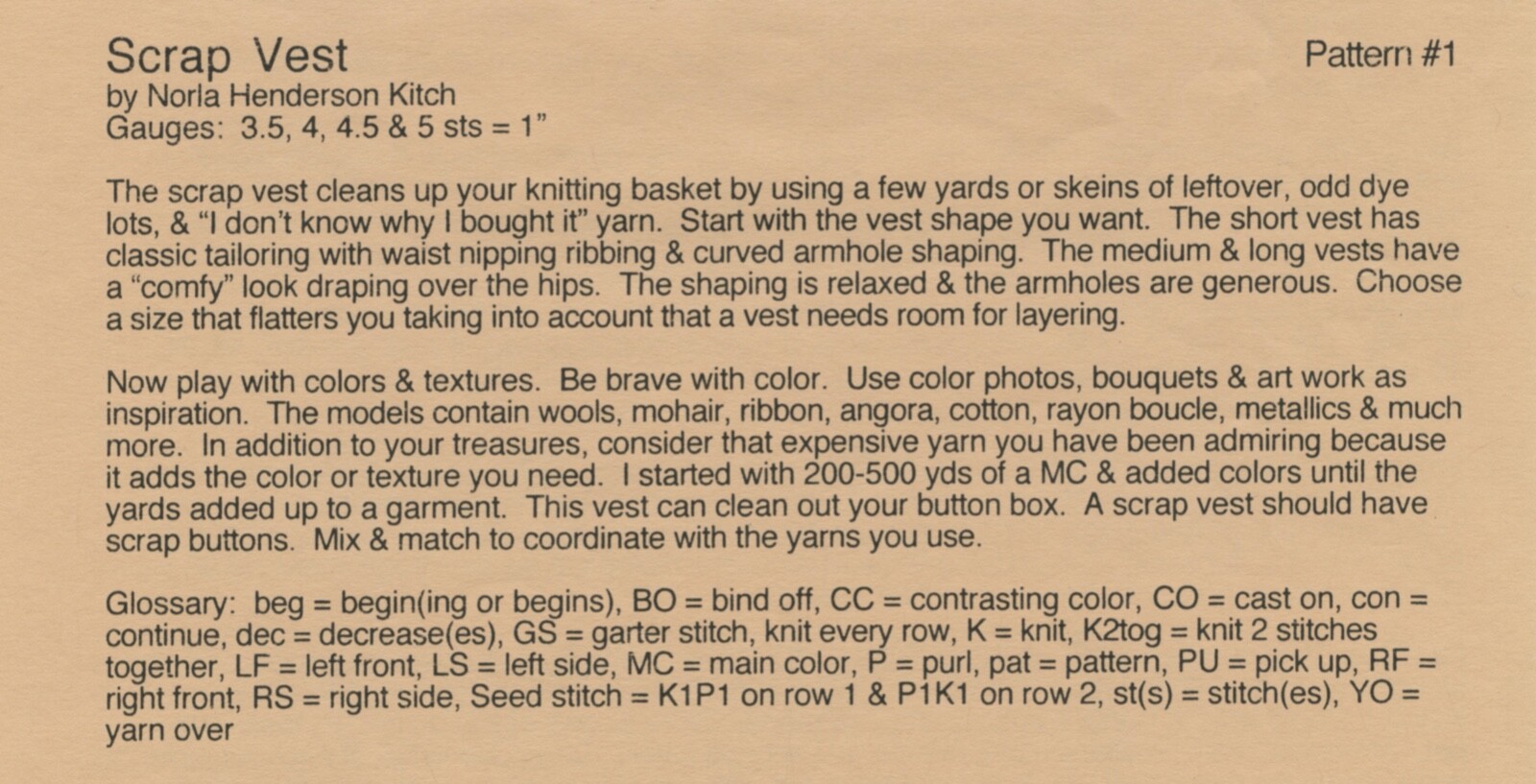 Ann Norling KNITTING PATTERN #1 Scrap Vest - Short, Medium or Long - 36"-52"