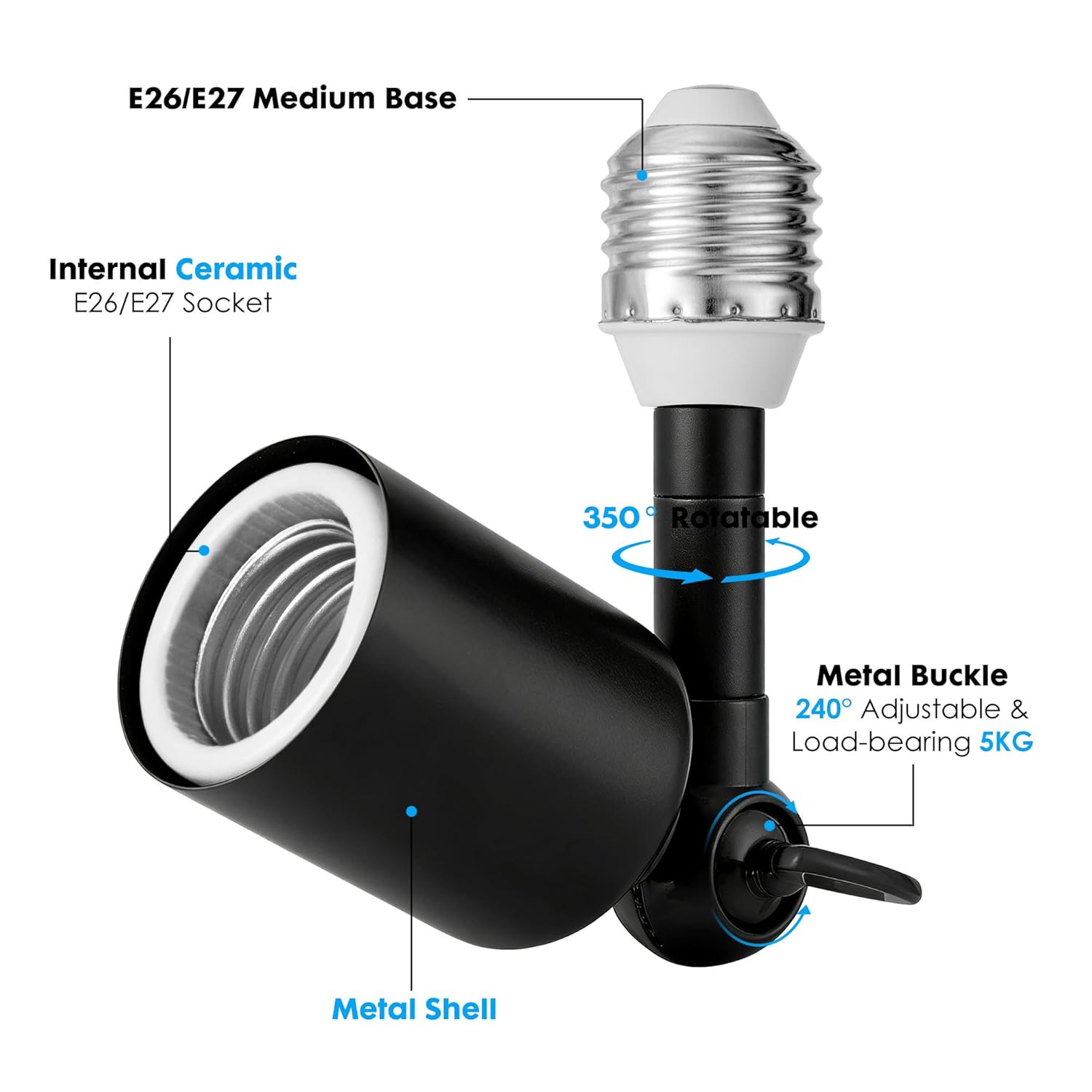 2-Pack Heavy Duty Light Socket Extender, 360° Adjustable E26/E27 Extension Adapt
