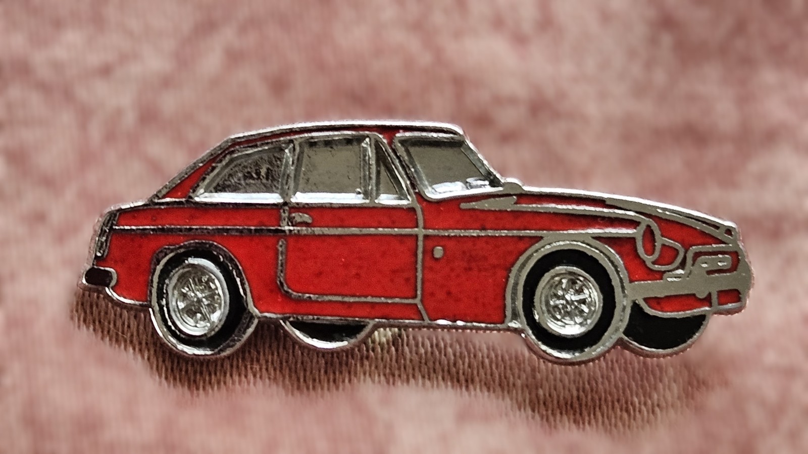 Vintage MGB GT Sports Car Badge In Tartan Red. Enamelled. 40 mm x 12 mm