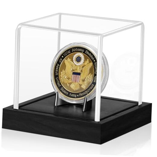 Coin Display Case, Clear Acrylic Showcase with Wood Base & Coin Black 1 Pack