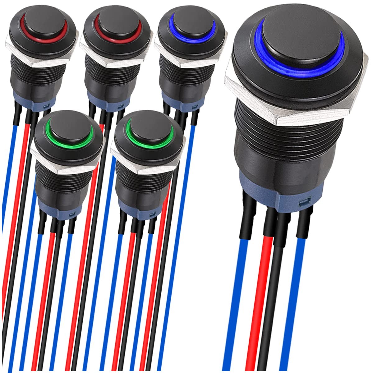 MKBKLLJY 6Pcs 12mm Latching led Push Button Switch Black Shell with pre-Wirin...