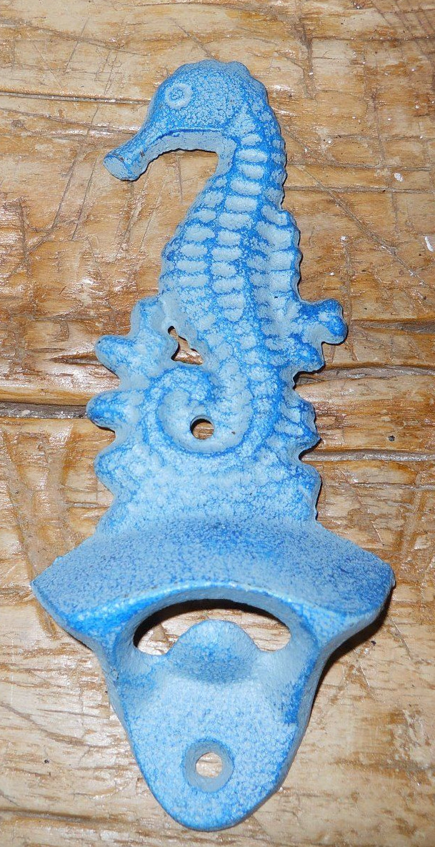 Cast Iron SEAHORSE Bottle Opener Nautical Beer / Soda Opener BLUE