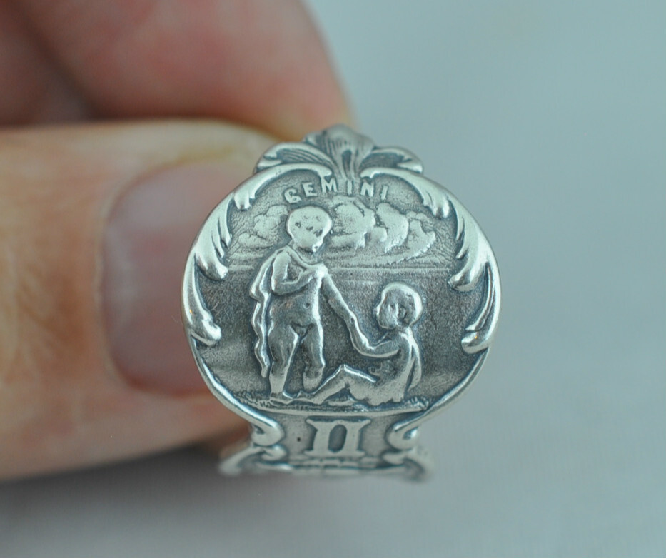 Solid 925 Sterling Silver Gemini Zodiac Angel Birthday Adjustable Spoon Ring