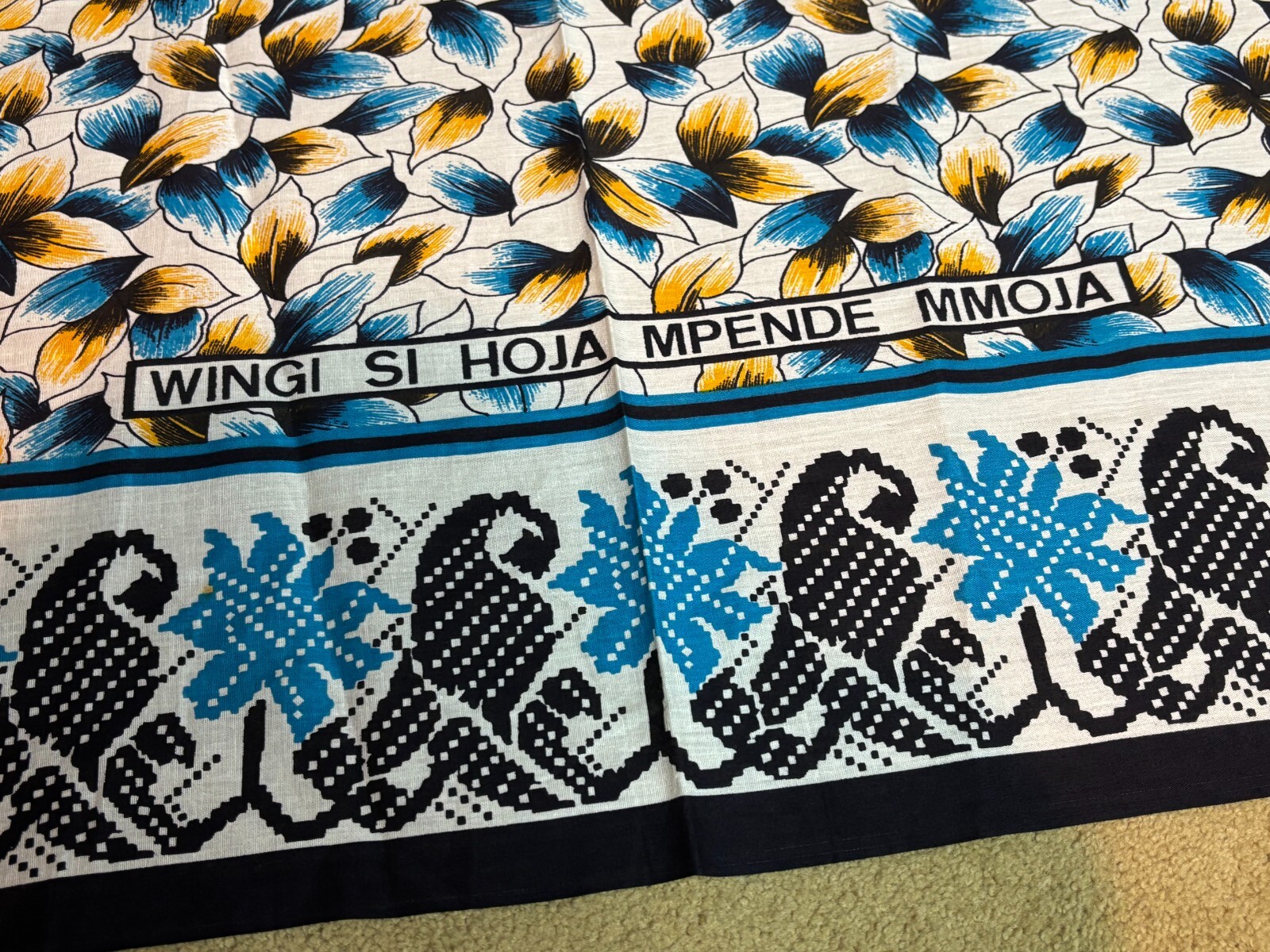 African Kanga Khanga Blue Yellow Printed Sarong Fabric Craft Dress Making 42x64