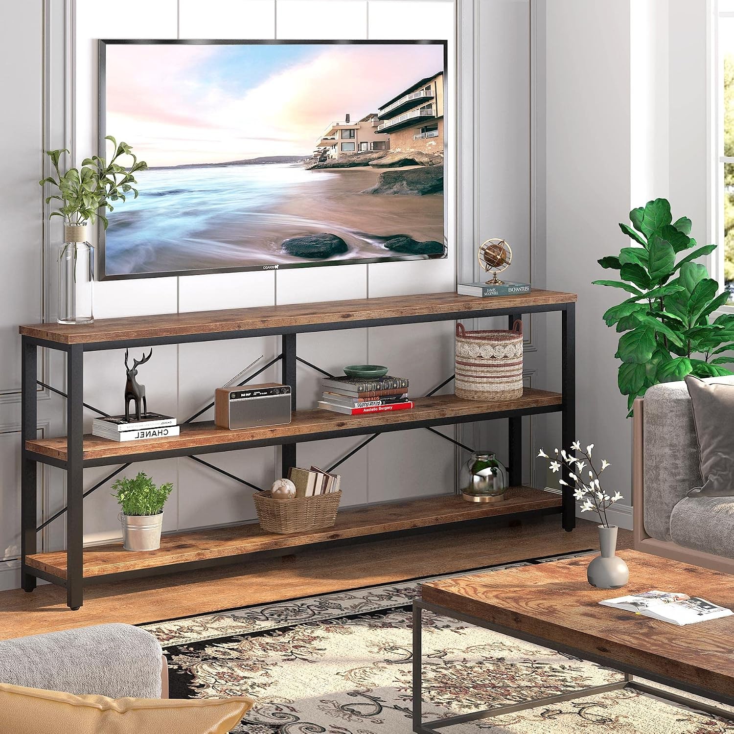 70.9" Extra Long Console Table, 3-Tier Industrial Sofa Table with Metal Frame