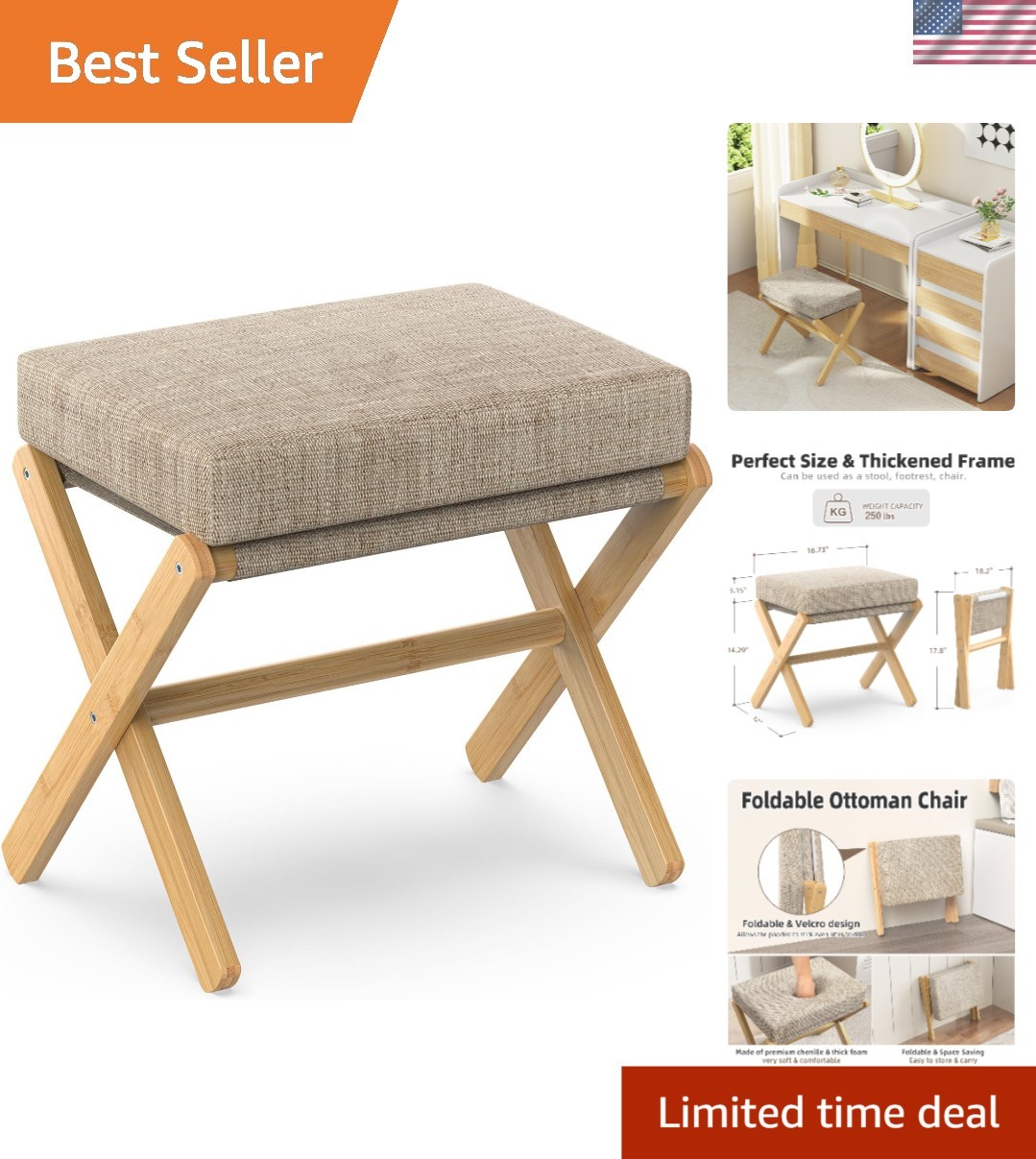 Footrest Ottoman Foldable Foot Stool Padded Modern Bamboo Legs for Living Room