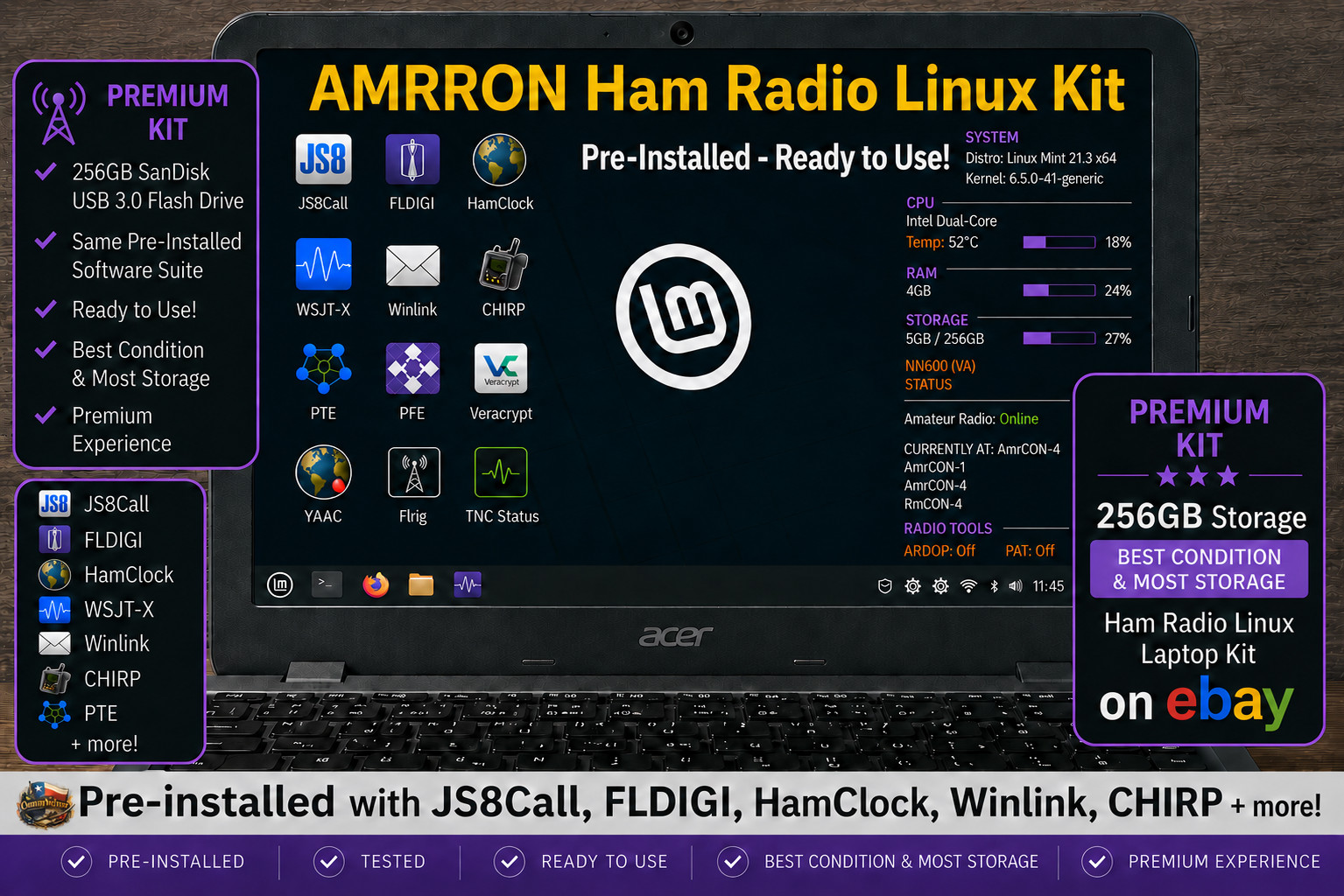 Premium AMRRON Ham Radio Linux Laptop 256GB HamClock DigitalModes JS8Call FLDIGI