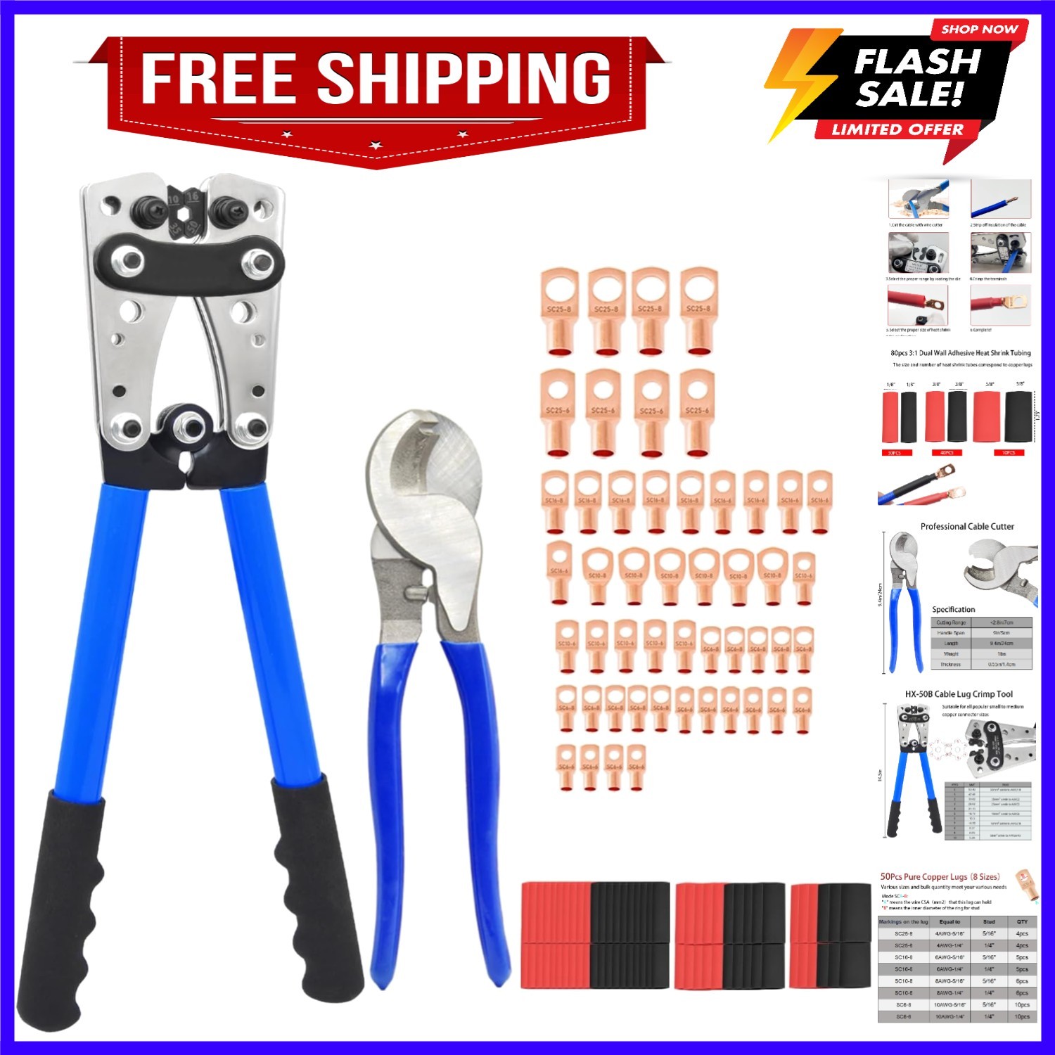 Cable Lug Crimping Tool with 50/100/200Pcs Copper Wire Lugs, Battery Cable Lu...