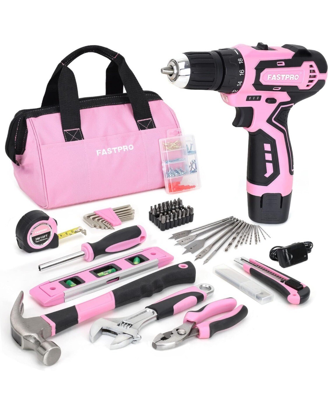 175-Piece 12V Pink Drill Set, Cordless Lithium-ion Driver and Tool Kit
