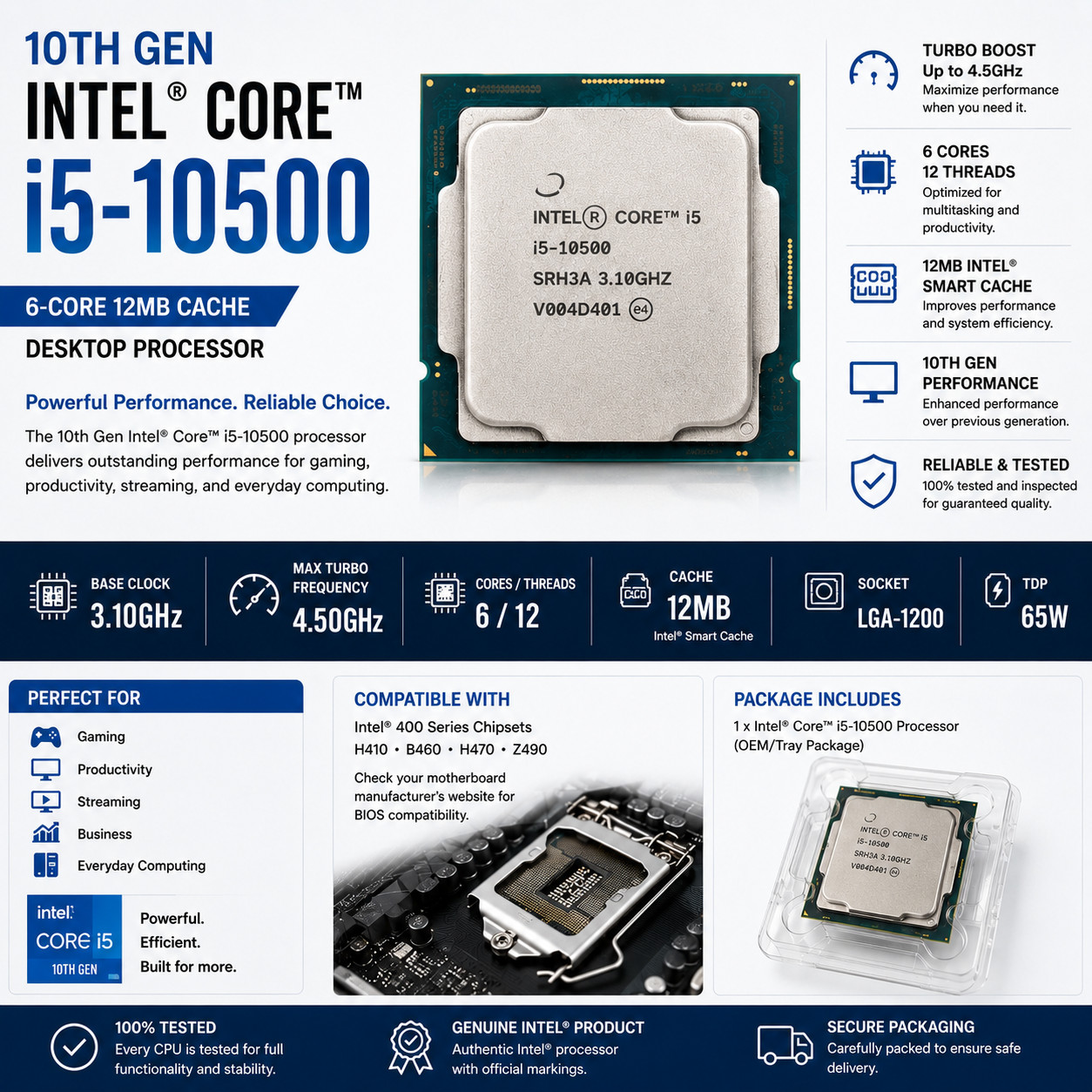 Intel 10th Gen Core i5-10500 CPU 3.1 GHz ( Turbo 4.5 GHz ) 6-Core LGA-1200 SRH3A