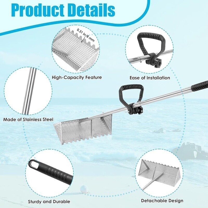 Detachable Sand Flea Rake with Shark Tooth Sifter & Auxiliary Handle Beach Use