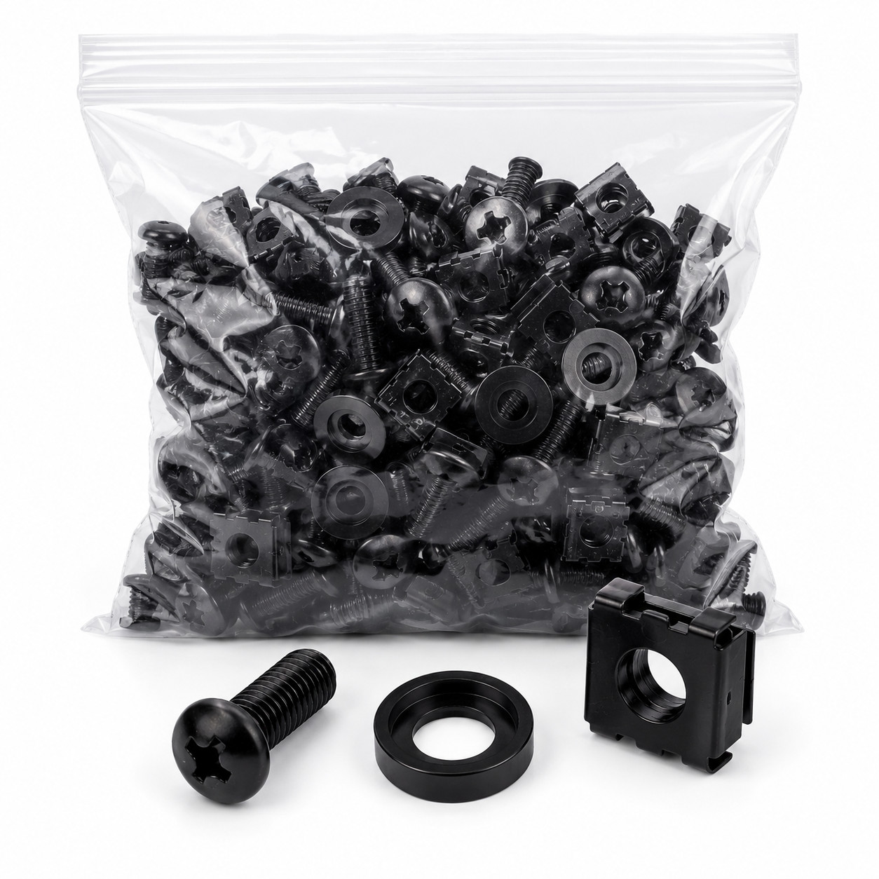 M6 Rack Mount Cage Nuts & Screws with Washers, Square Clips, 50pcs, Black lot