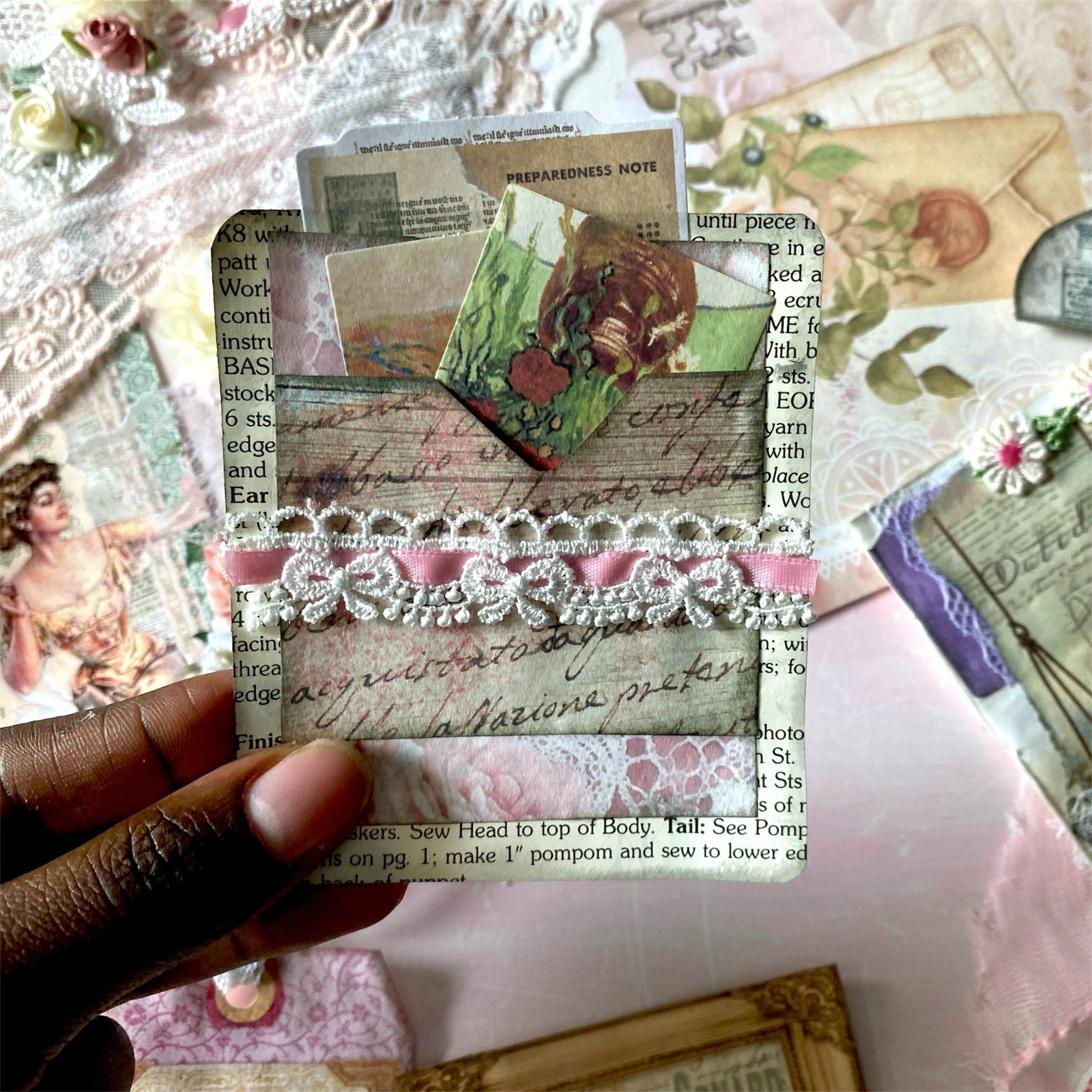 10pc Shabby Chic Handmade Junk Journal Making Kit Ephemera, Lace, Cards, Pockets