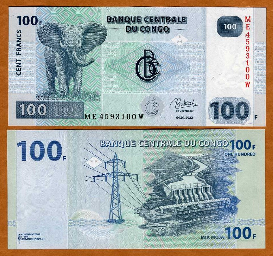 Congo D.R. 100 Francs, 2022 P-98-New, New Sign. UNC Elephant