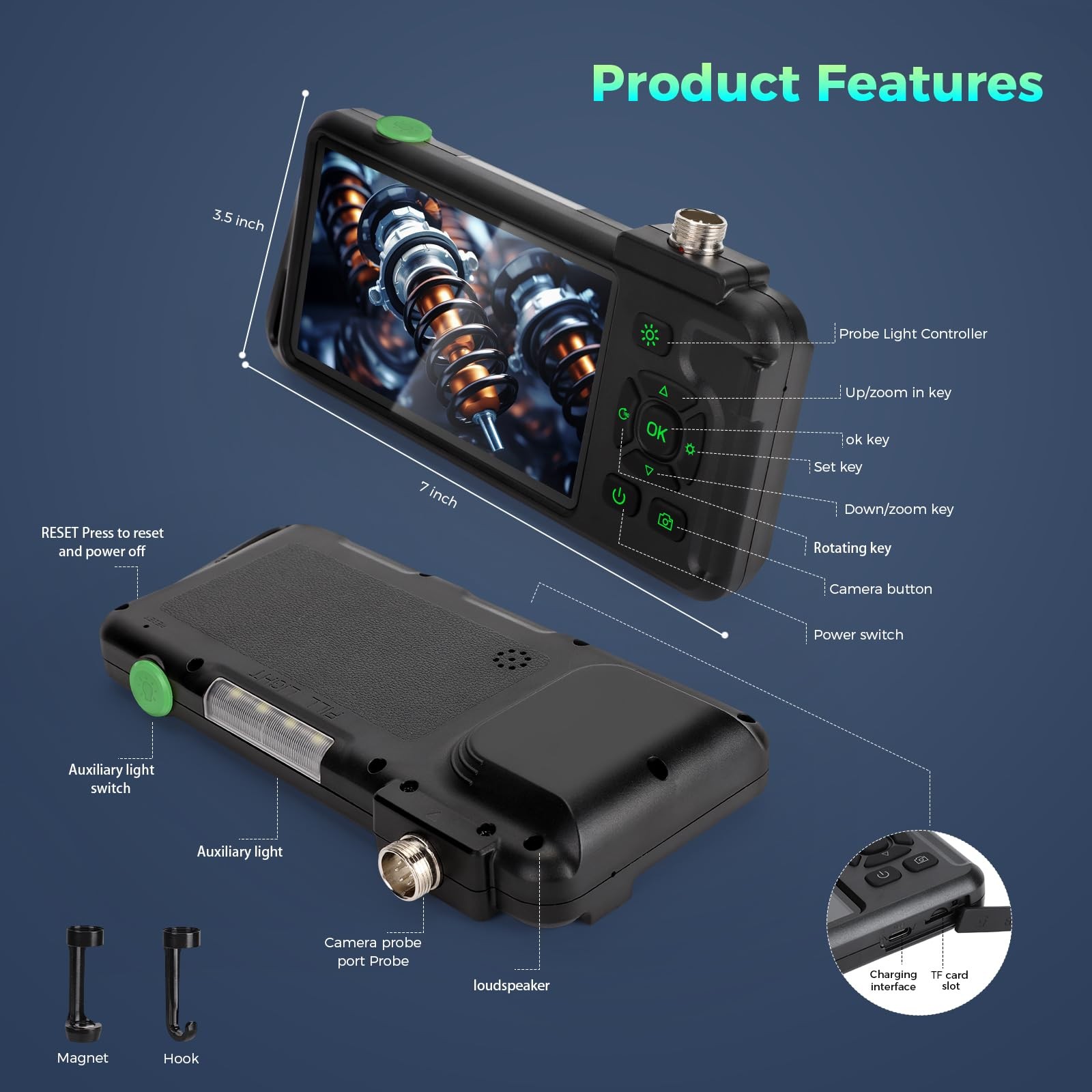 Triple Lens 1080P Borescope with 50FT Semi-Rigid Cable, 5" IPS Screen Endoscope