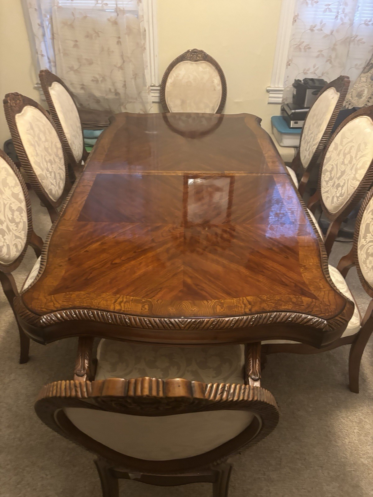 Traditional Rectangular Wood Dining Table Set with 8 Upholstered Floral Chairs