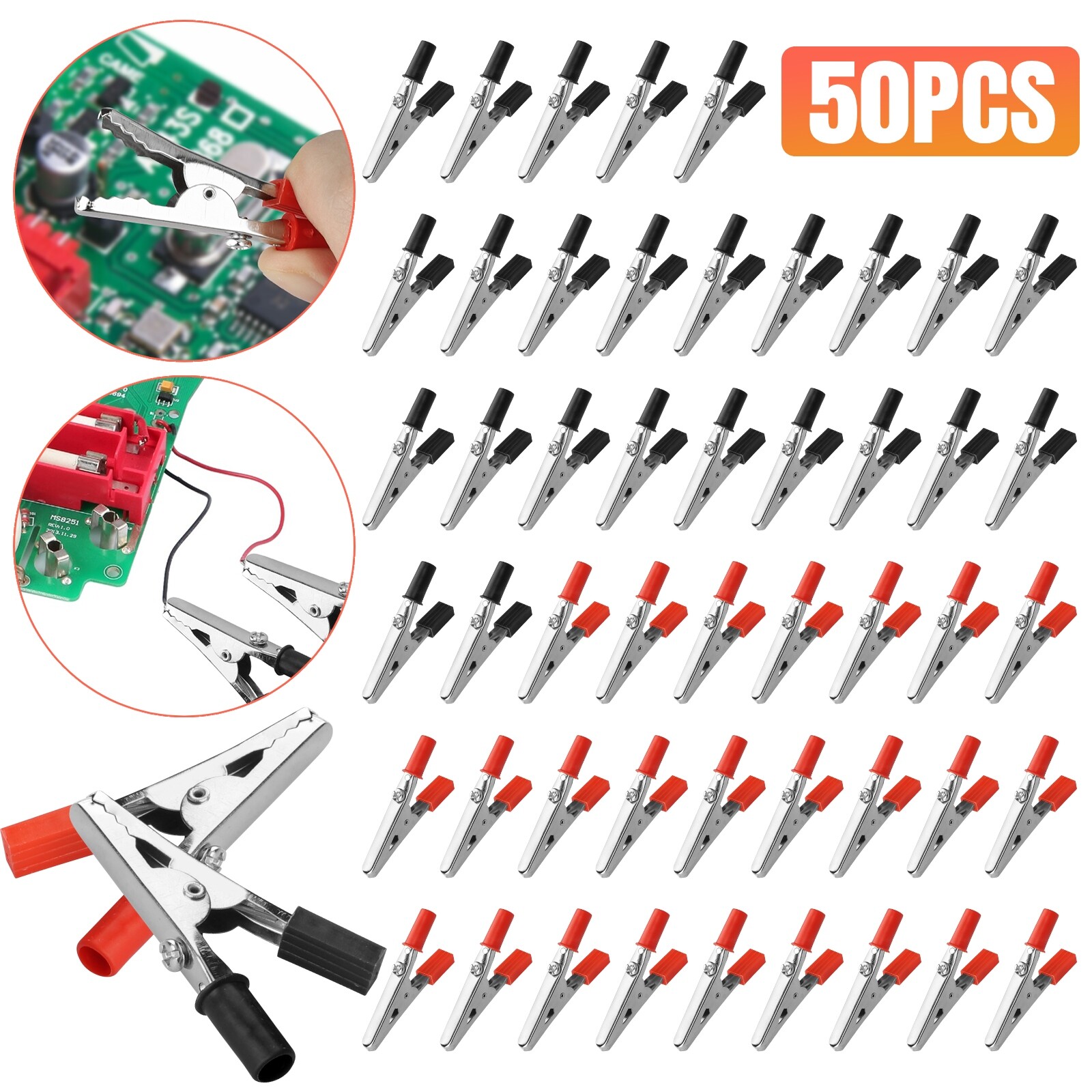 50 pcs Electrical Test Clamps, Metal Alligator Crocodile Clips, Red Black Handle