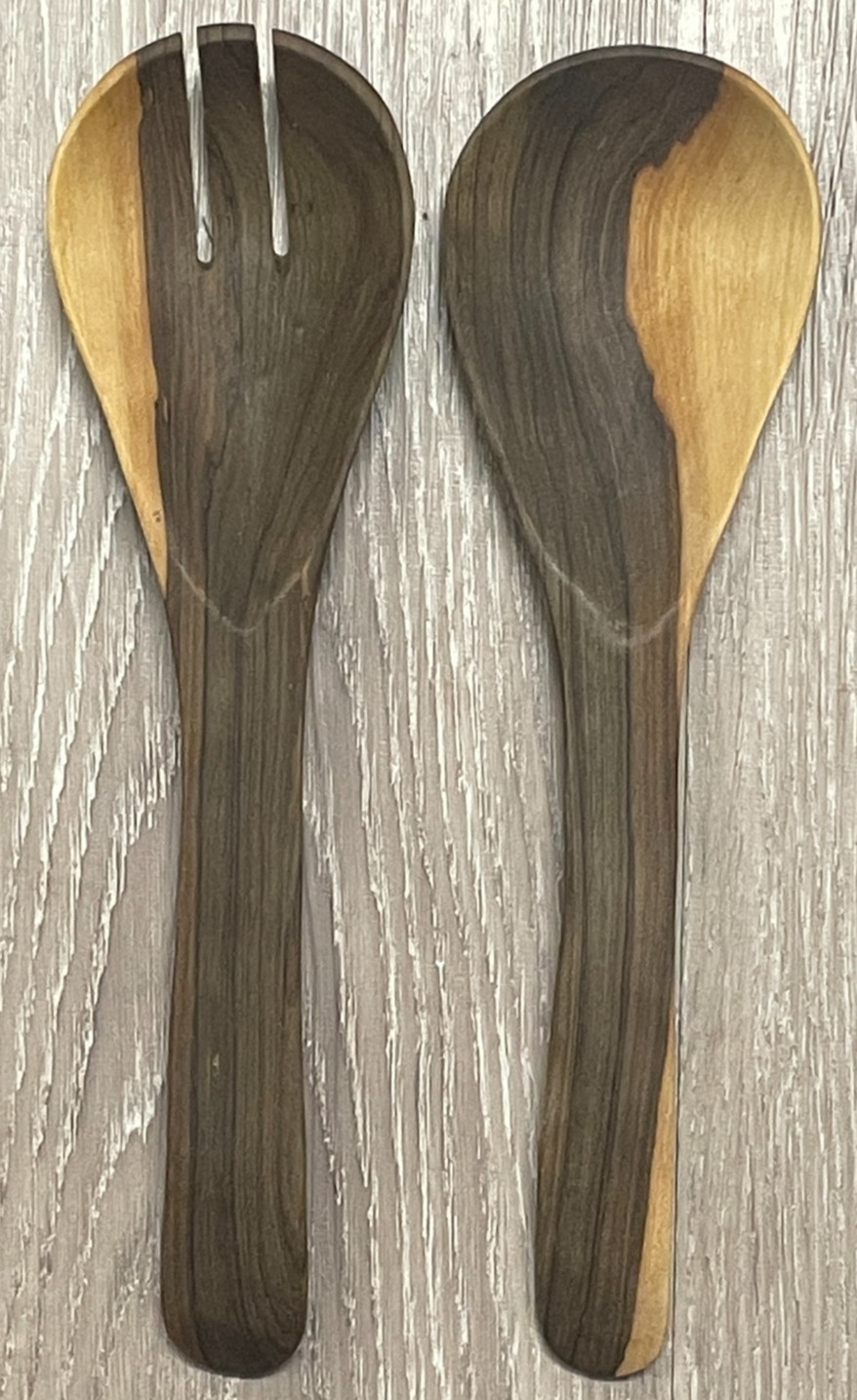 2 Tone wood salad serving set fork spoon MCM BOHO rustic kitchen decor utensils