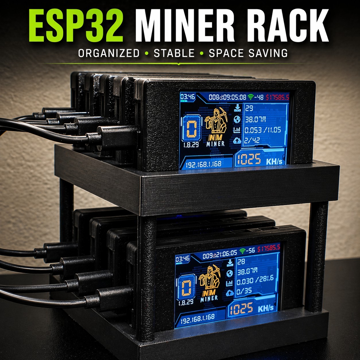 ESP32 Miner Rack 2-Tier 8 Slot | Bitaxe NM Miner Stand | Crypto Mining Organizer
