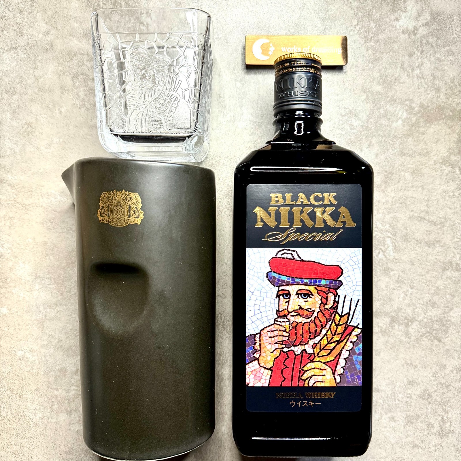 Black Nikka Empty bottle 720ml water jug whisky rock glass set Japan vintage