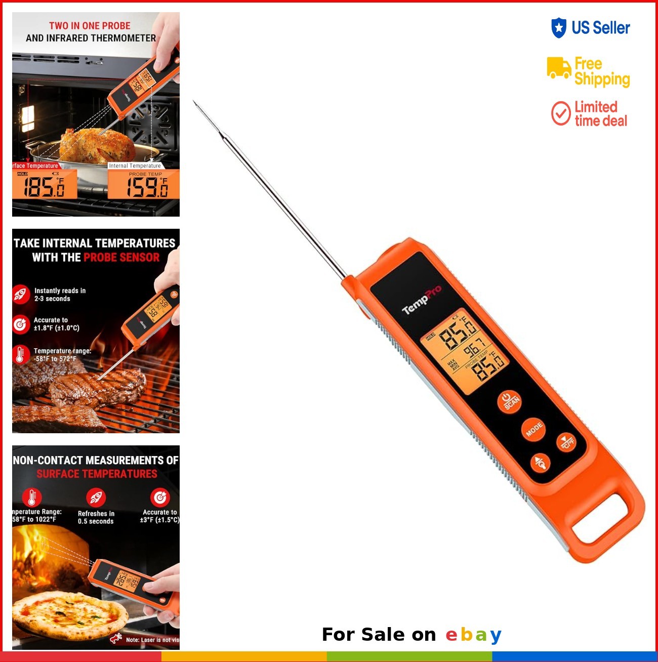 Infrared Thermometer with Probe 1022°F Non Contact Laser Gun for Cooking HVAC Po