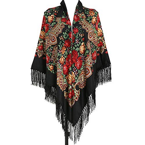 62"*62"Oversized Women's Traditional Retro Scarf Wrap Tassel Fringes Black