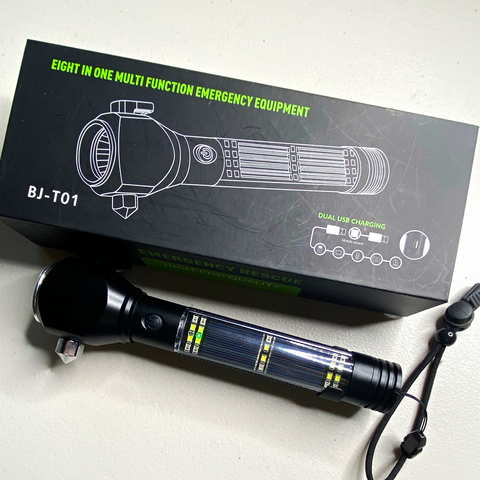 8-in-1 Emergency Rescue LED Flashlight, USB Rechargeable, Black BJ-T01
