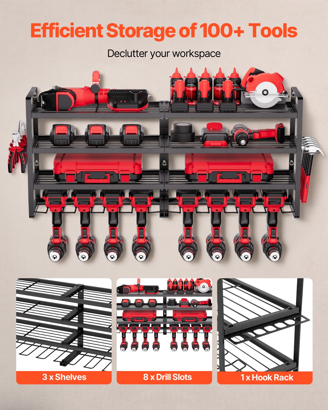 VEVOR Power Tool Organizer Wall Mount 4-Layer Tool Storage Rack 8 Drill Holders