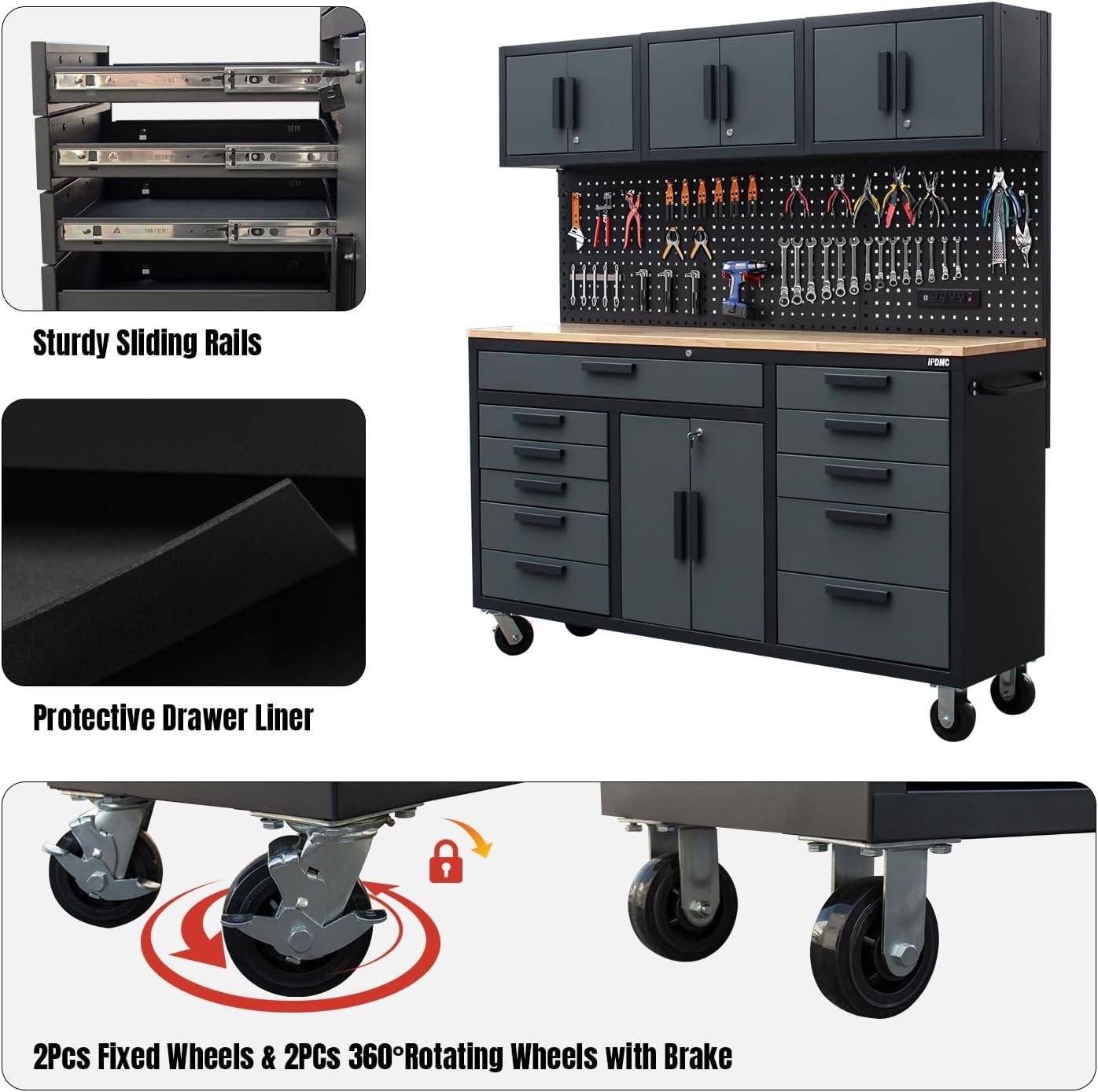72” Mobile Garage Workbench Storage Rolling Tool Chest Power Strip Heavy-Duty