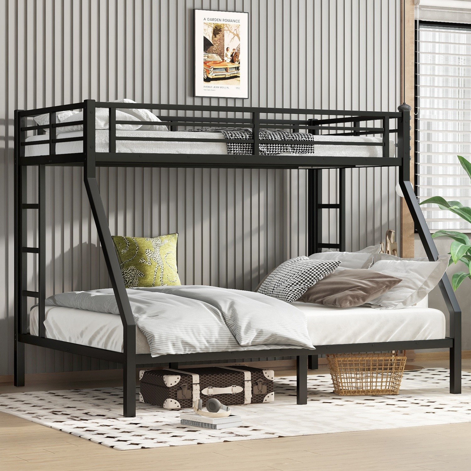 Twin XL Over Queen Bunk Bed Heavy Duty Metal Bunk Bed Frame with 2 Ladders Black