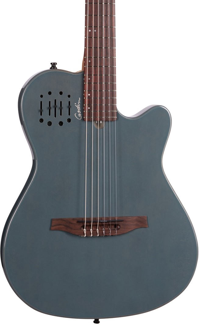 Godin Multiac Mundial Thinline AE Classical Guitar, Solid Cedar Top, Arctik Blue