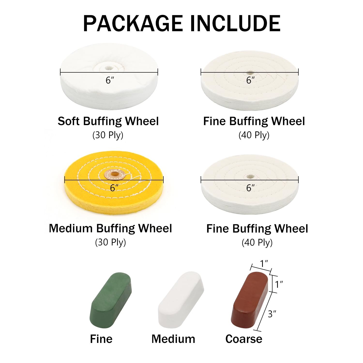 6inch Buffing Polishing Wheels 1/2" Arbor Hole,Soft/Fine/Medium for Bench Gri...