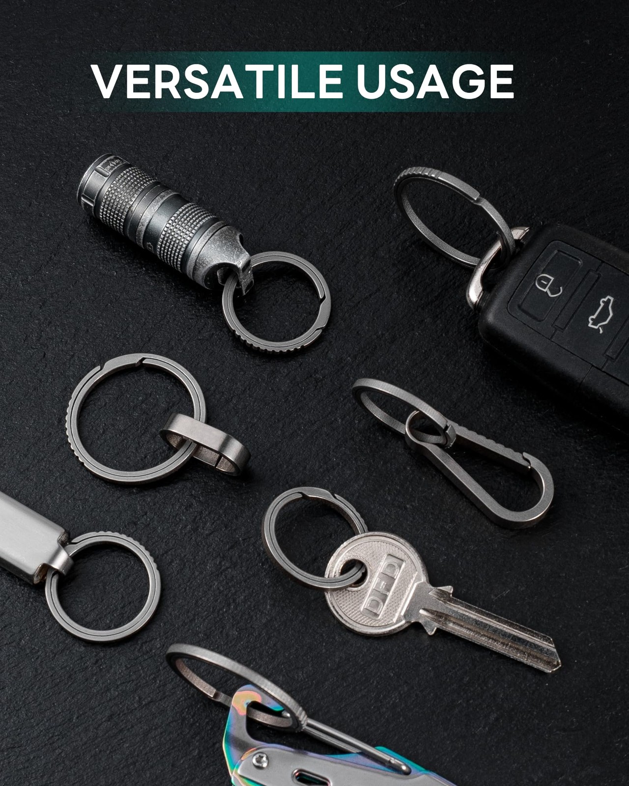 TISUR Titanium Keychain Rings, Split Side Pushing Heavy Duty 2pcs Grey Titanium