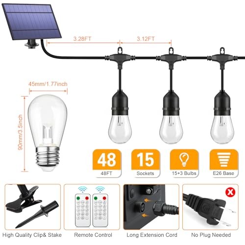 3-Color in 1 Solar String Lights Outdoor Waterproof Dimmable, 48ft 48FT Black