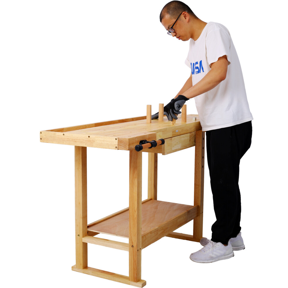 55Inch Wood Workbench Natural Garage Workshop Workbench with Bar Clamps Set