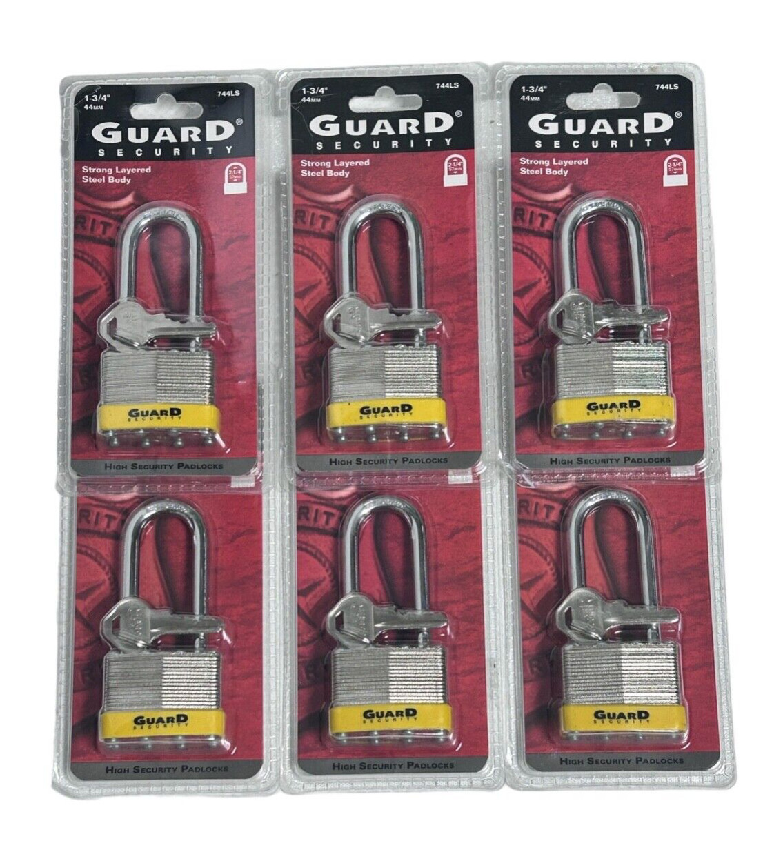 6 Guard Security 744LS Laminated Layered Steel Body Padlock 1-3/4" Long Shackle