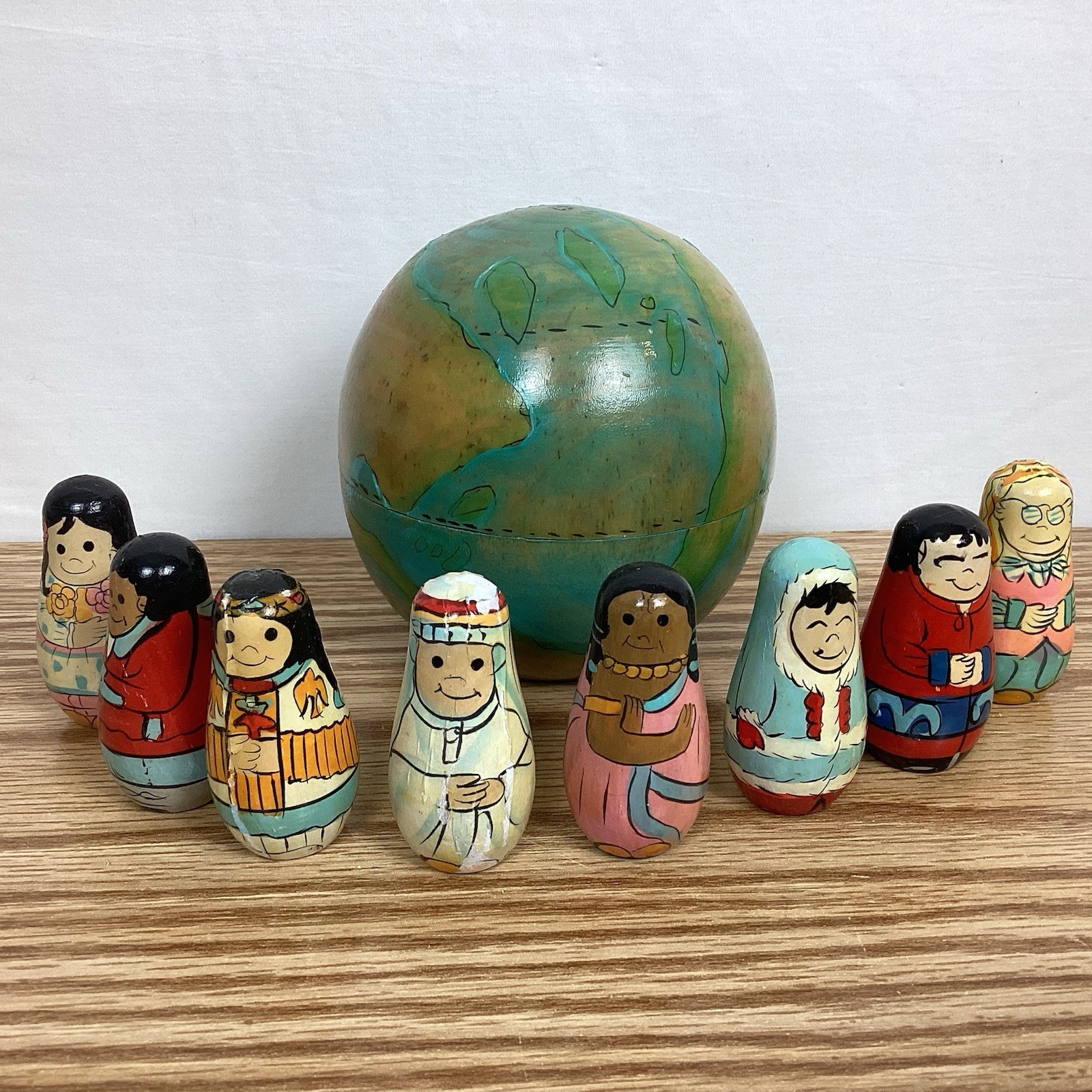 Terry’s World Wooden World Globe With 8 Multicultural Figurines Handpainted