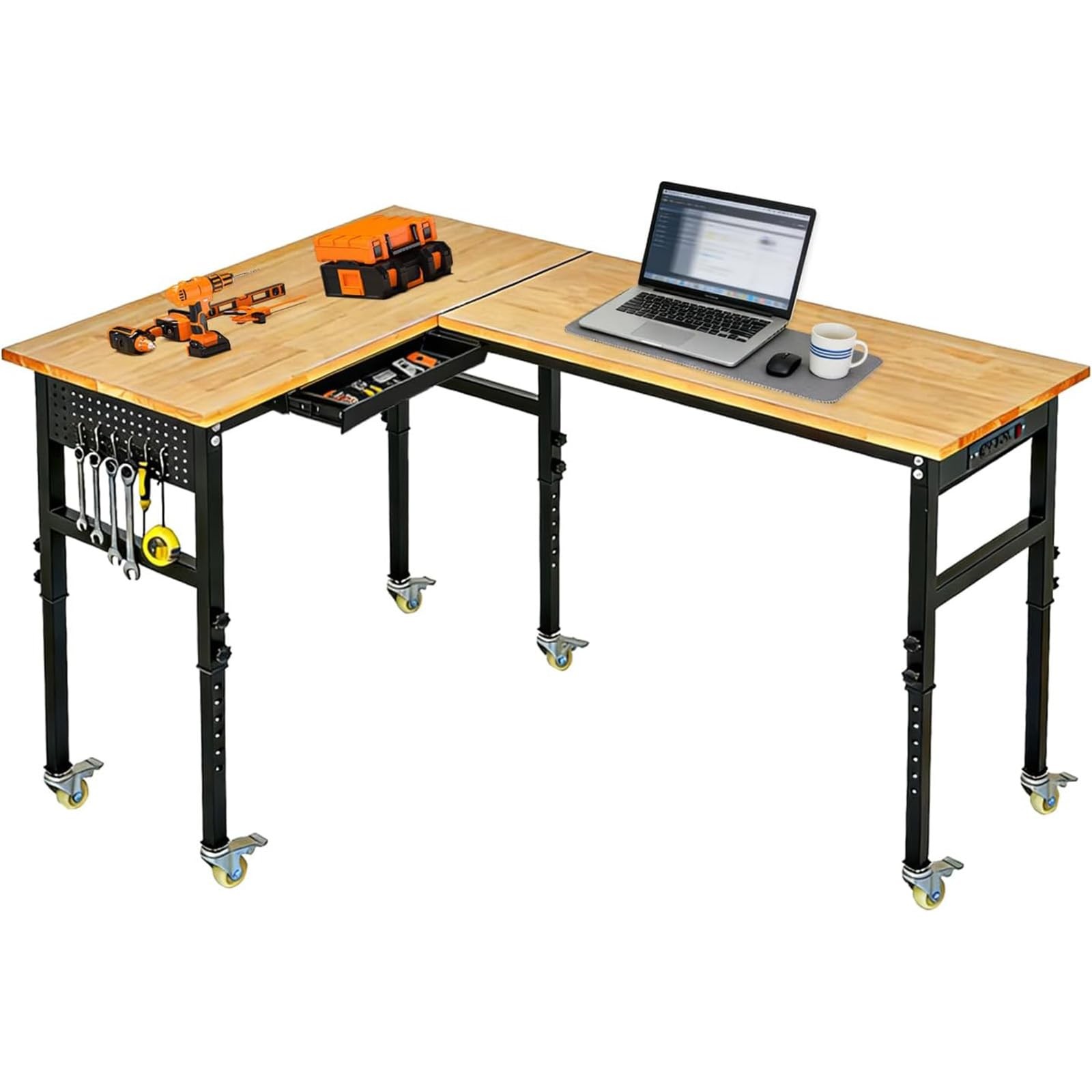 Heavy Duty 130" l-Shaped Adjustable Workbench w/ Wheels 2000 Lbs Capacity Drawer