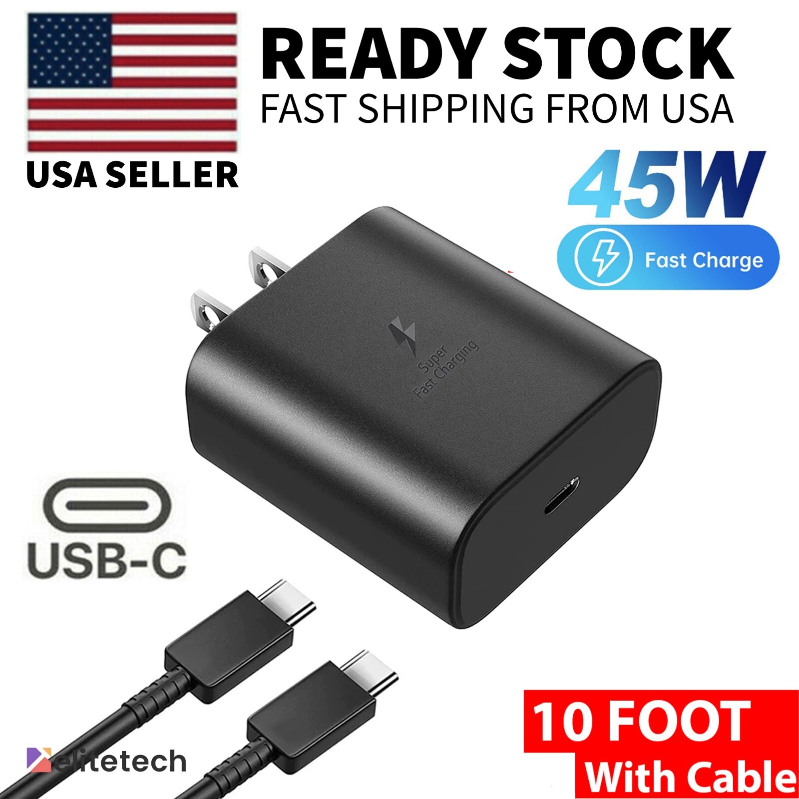 45W USB-C Super Fast Wall Charger 10FT Cable For Samsung Galaxy S25 S24 S23 S22