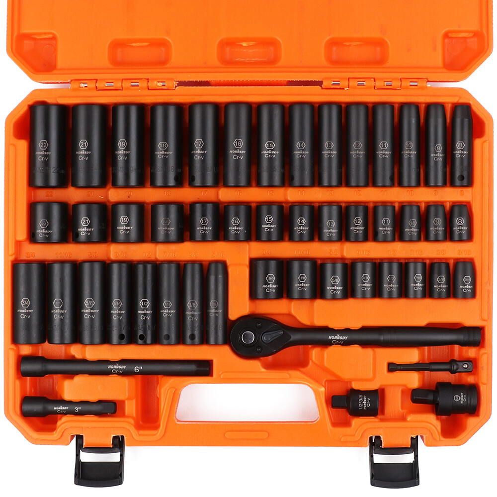 50PCS Impact Socket 3/8" DR Shallow & Deep SAE & Metric w/ Carry Case