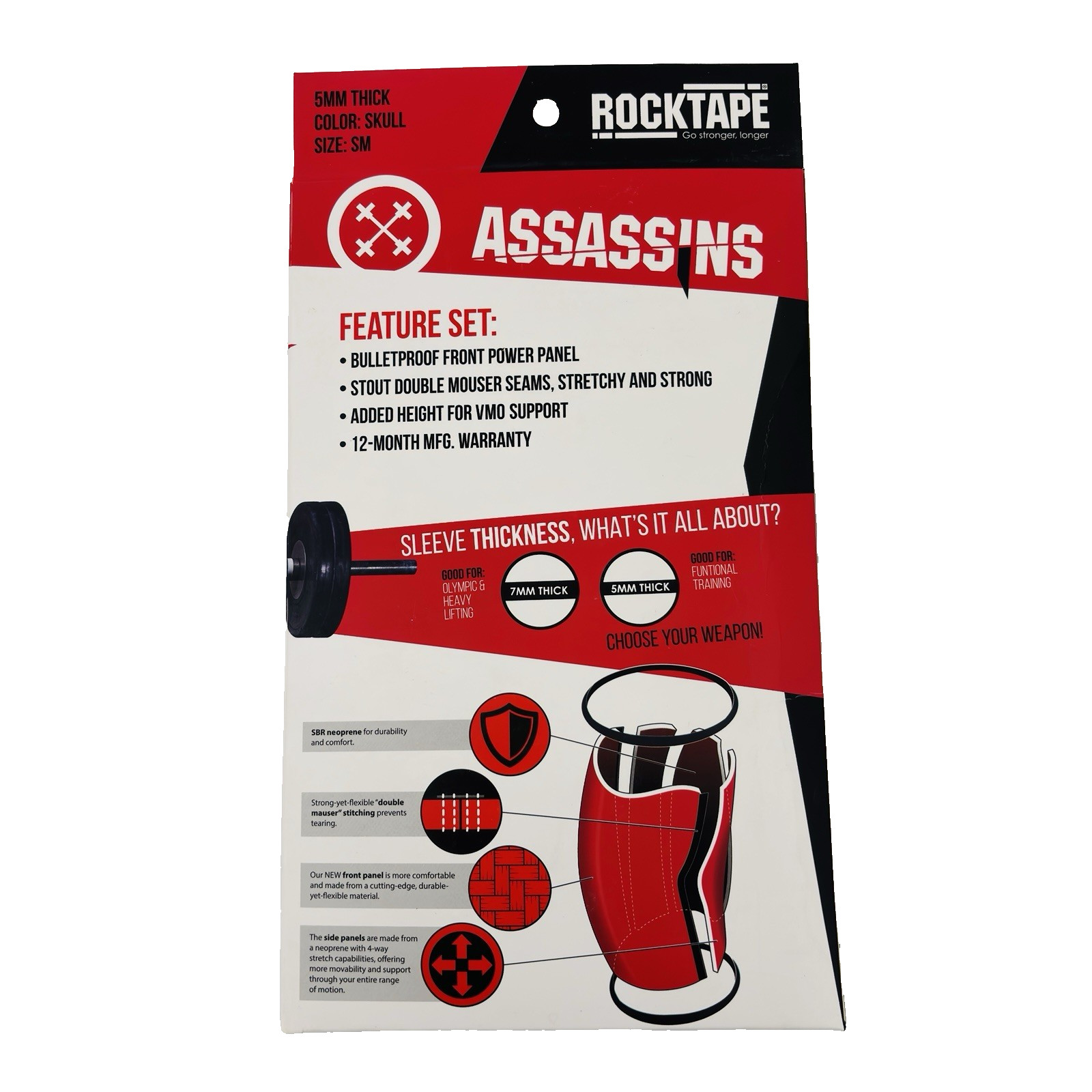 NEW Small RockTape Assassins Compression Knee Support Sleeves 5mm Skull Black