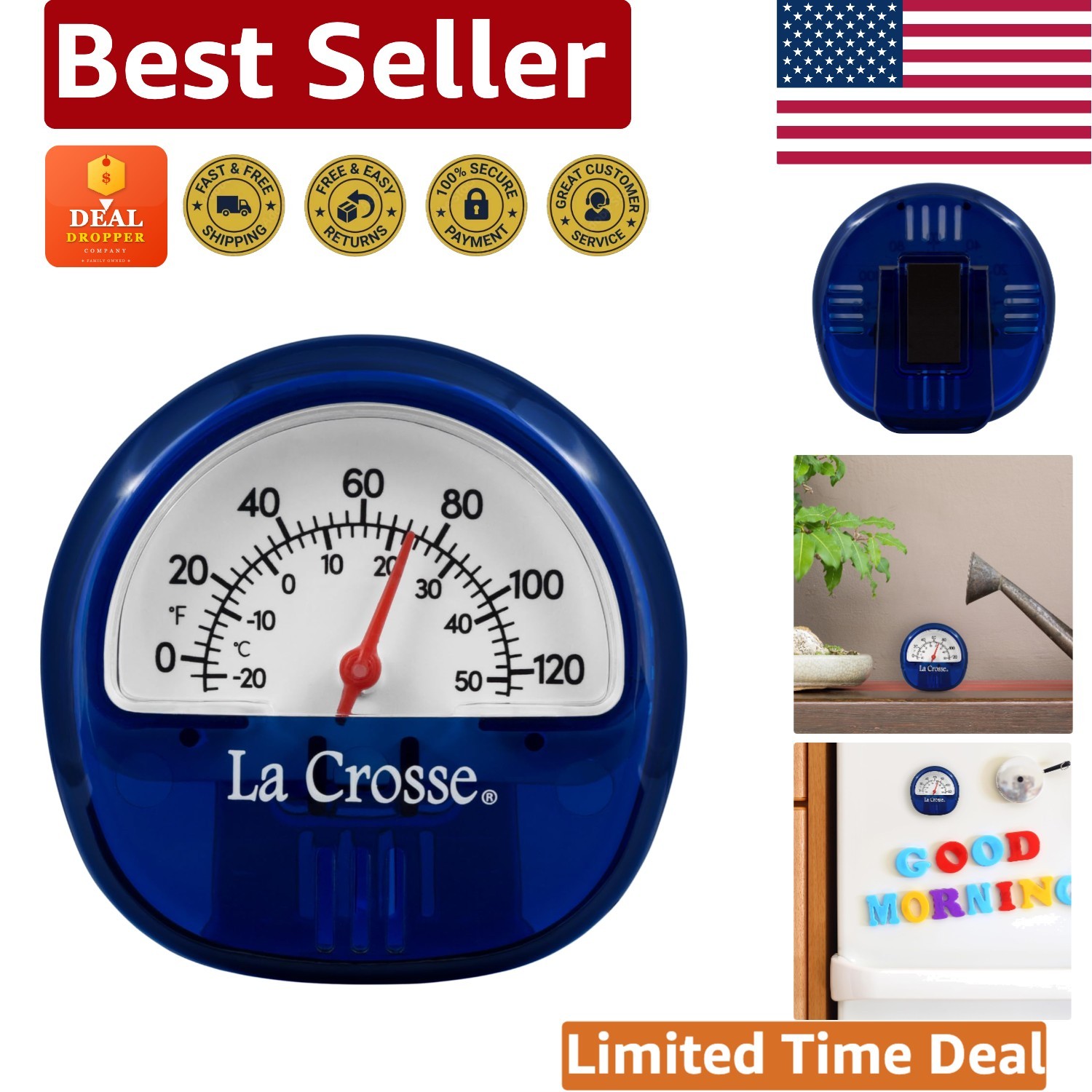 High Accuracy La Crosse Blue Analog Thermometer with Magnetic Back & Easel Stand
