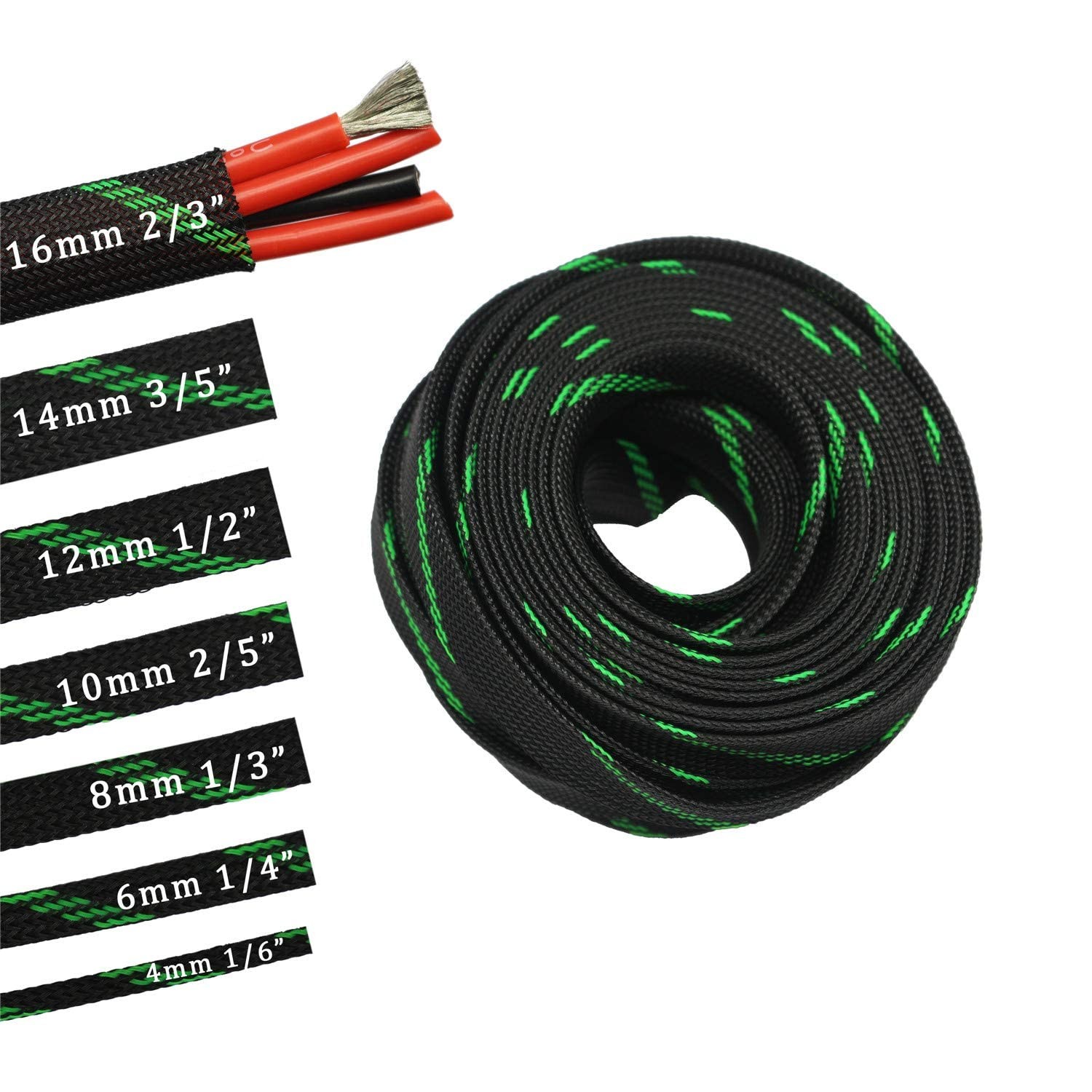 30ft PET Expandable Sleeving Wire Cable Sleeve 1/6, GreenBlack